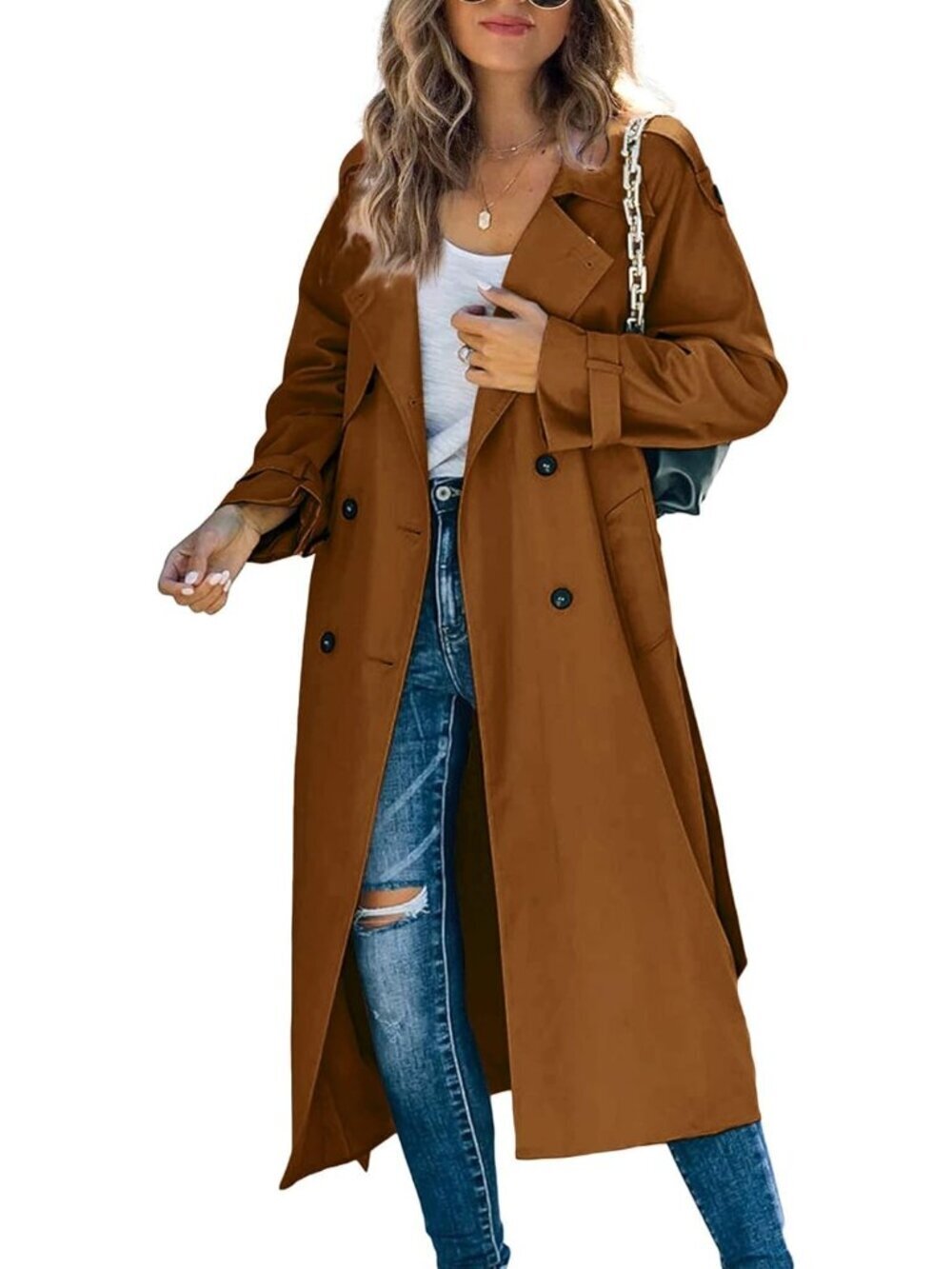 Women's Brown Double Breasted Windproof Classic Lapel Slim Long Trench Coat
